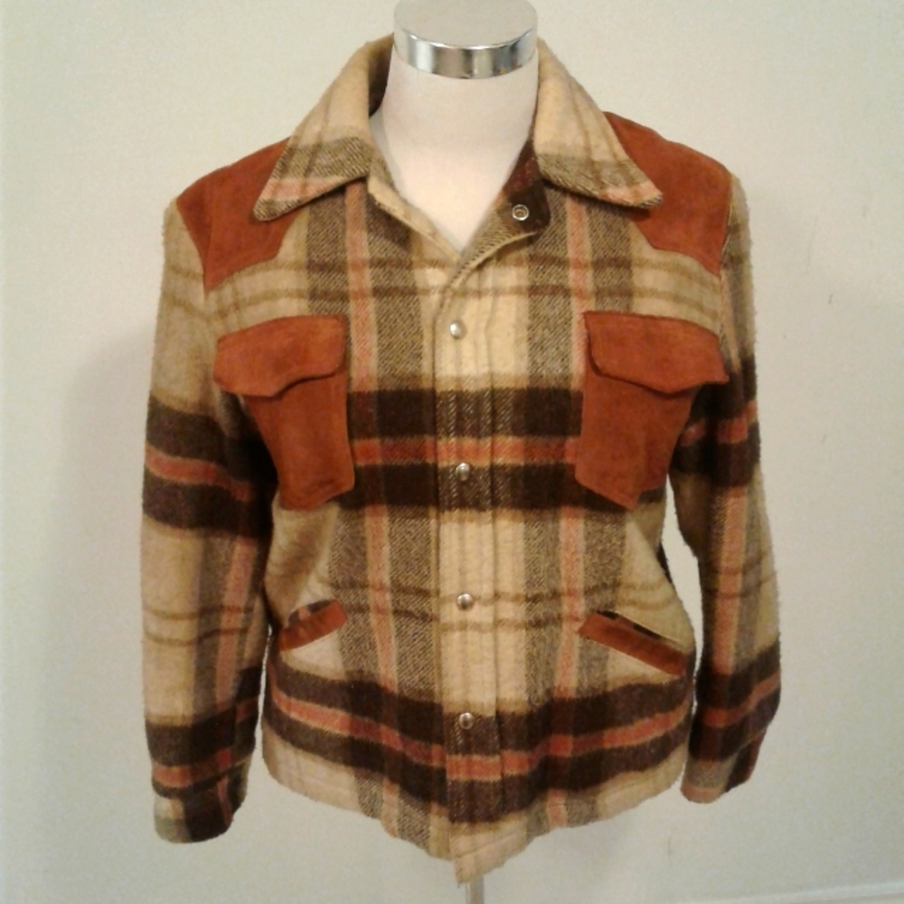 Laurentien Men Jacket Wool Tweed Tartan Leather Harrington Bomber Canada 46 L/XL